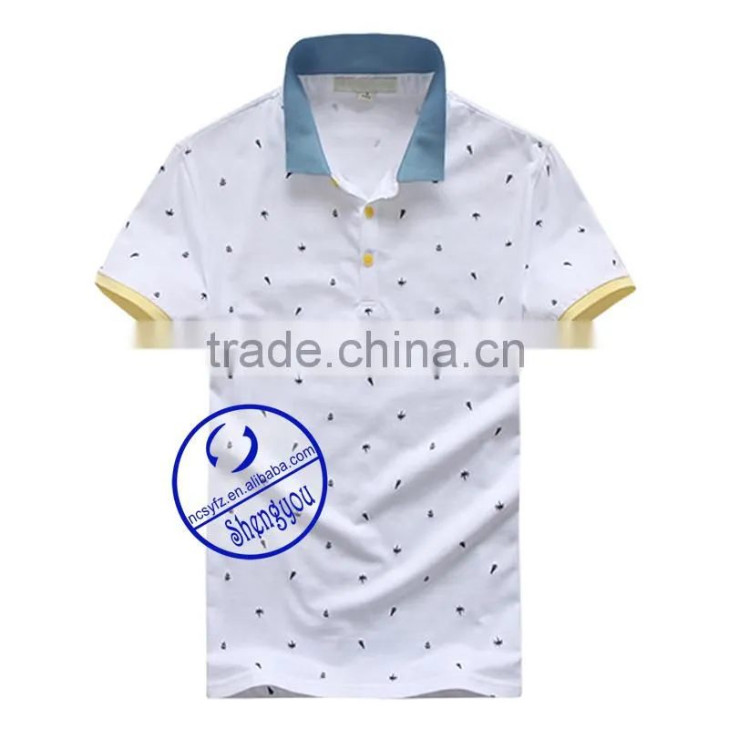 Custom mens allover printed polo shirt with color collar and cuffs