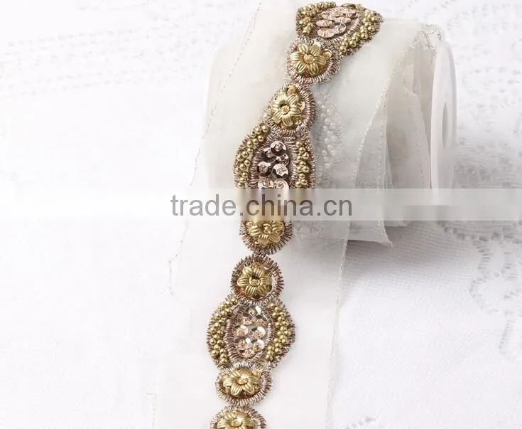 Gold Color beaded and Sequin Lace Trimming For Dress Wholesale