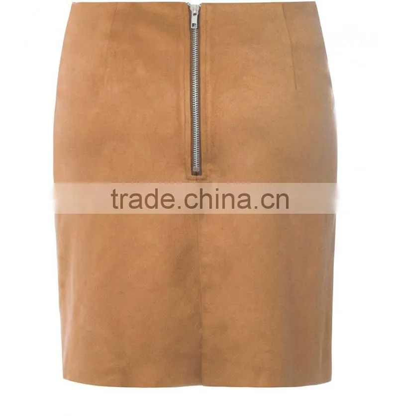 New Collection Pretty Tan Suedette Women Skirt with Zippers