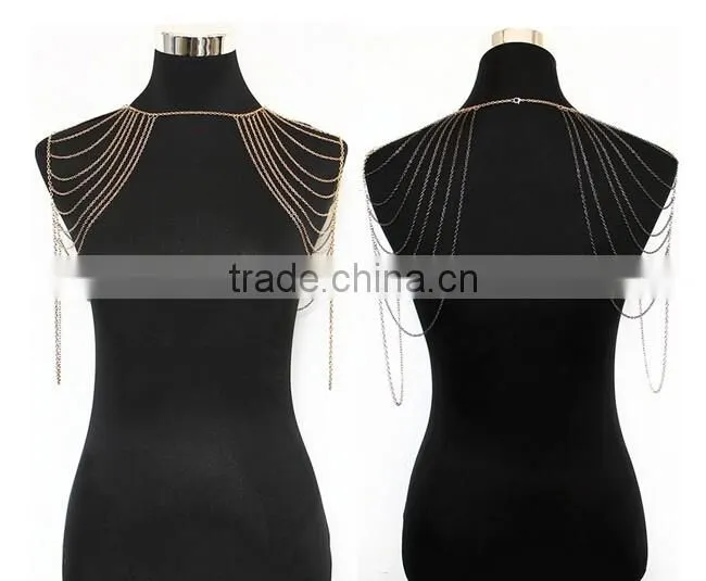 Fashion Punk Sexy Silver Tone Multi Tassel Chain Shoulder Necklace Body Chain