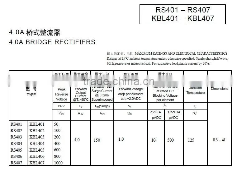 Original Bridge Rectifier KBL401 50V 4A in Stock