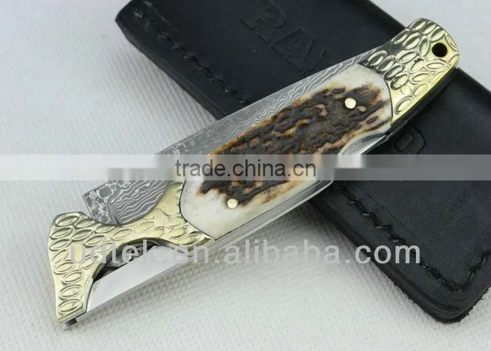 Antler + Brass Handle OEM Damascus Steel Folding Knife Collection Knife Hand Tool UDTEK01304