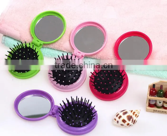 Yiwu Wholesale High Quality Mini Round Shape Folding ABS Head Massage Comb with Mirrow