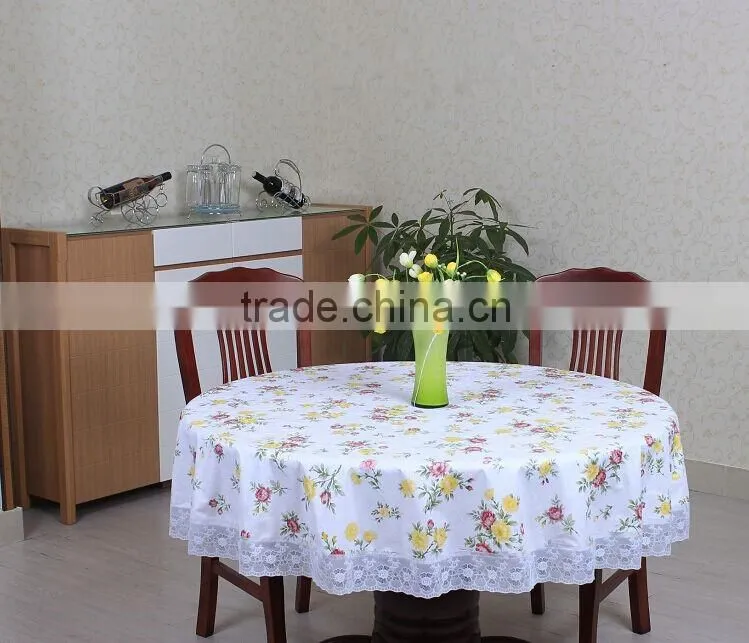 2016 newest flower printed pattern pvc/peva vinyl tablecloth/cover with waved/lace edge