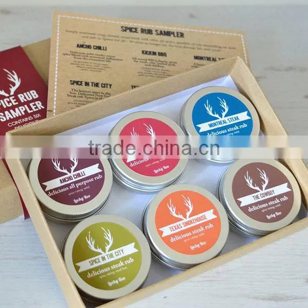 Gourmet Spice Rub Set of 6 2 inch solid screw top containers filled with delicious savory blends