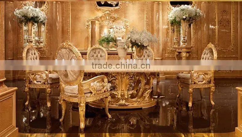 Luxury Button Tufted Upholstered Chair, Gilding Dinning Table For Eight People, Exquisite Wood Carved Dinning Room Furniture Set