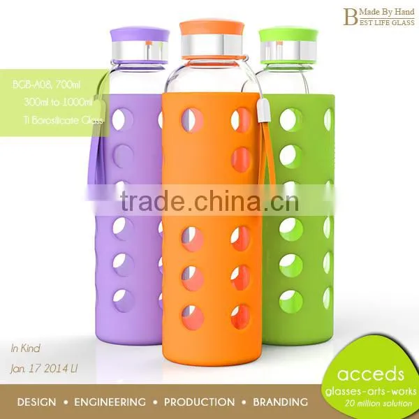 Handmade Promotion Pyrex Glass Water Bottle for Sports BPA free
