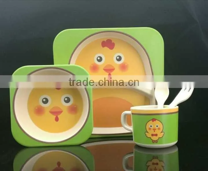 Best selling friendly bamboo fiber kid five pices,cup,plate,bowl,fork,spoon