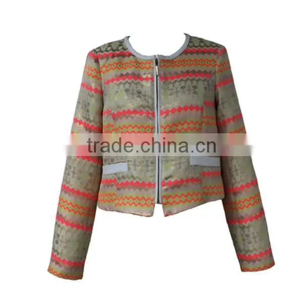 Bulk wholesale round neck jacquard women jacket with gold metal