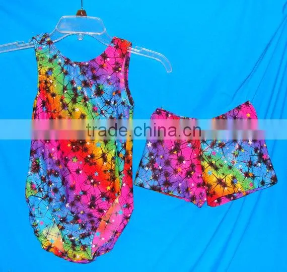 leotard girls gymnastics Neon rainbow with stars, holographic Save
