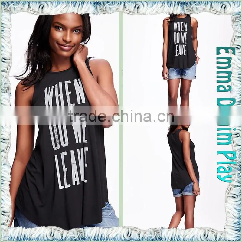 Latest Design Girls Words Printed Round Neck Sleeveless Grey Cotton Tank T Shirt