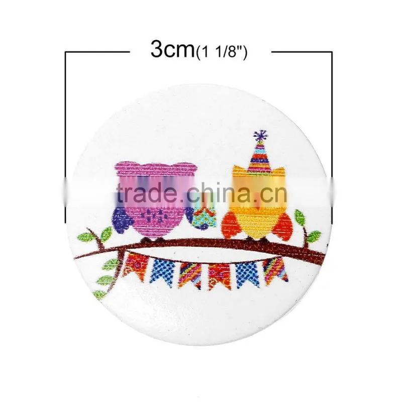 Wood Cabochon Round Multicolor Owl Halloween Pattern 30.0mm, 50 PCs
