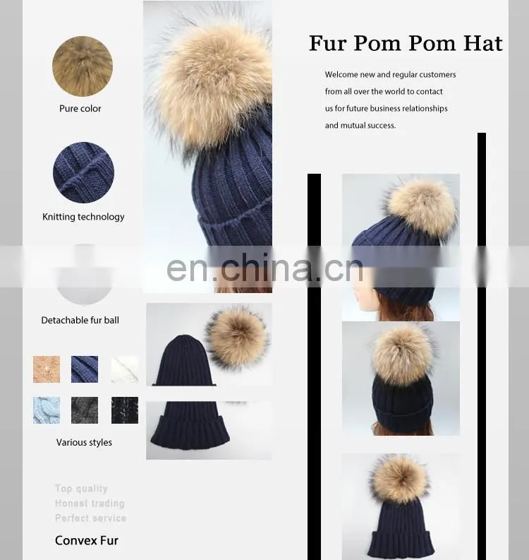 Fluffy large fur pompom hats real raccoon fur knitted hats wholesale winter hats