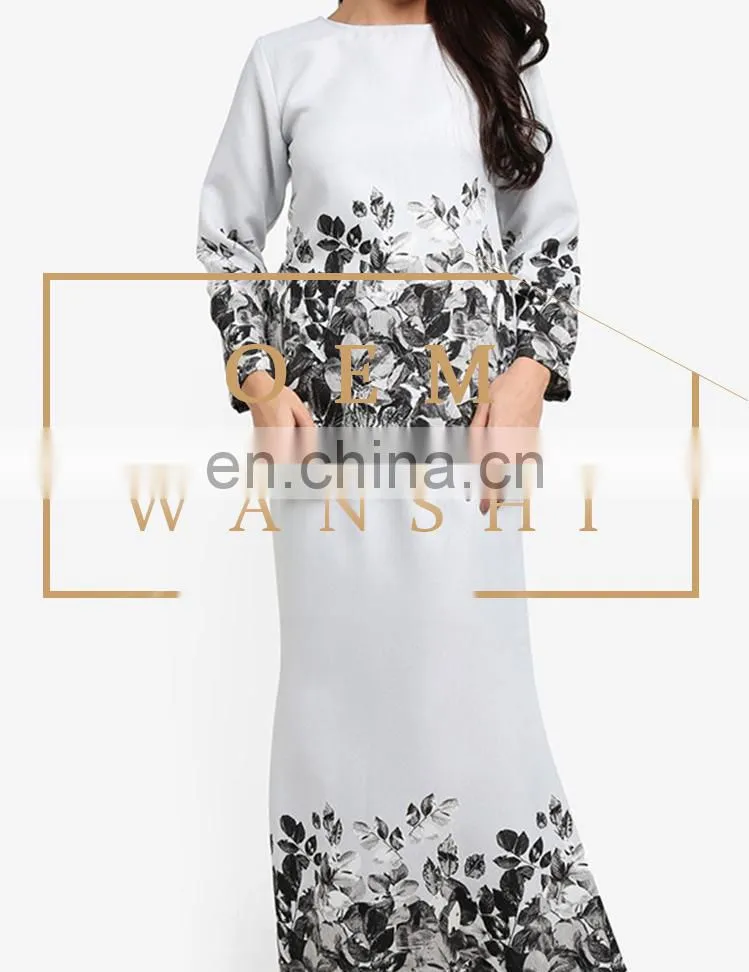 white print Islamic dress plus size women baju kurung