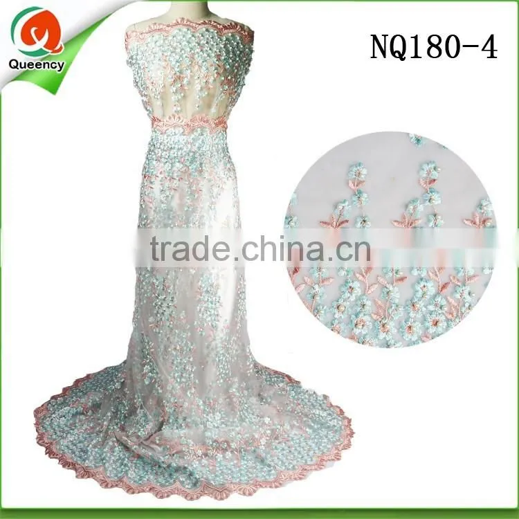 NQ180-7 orange nigeria fabric tulle net lace fabric with pearls