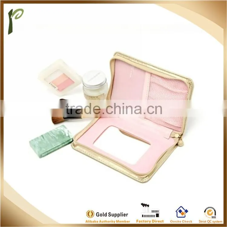 Popwide Hot Fashion PU High Quality Gold Color Beautycase with Mirror