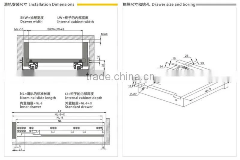 Us type Full extension soft closing furniture sliders