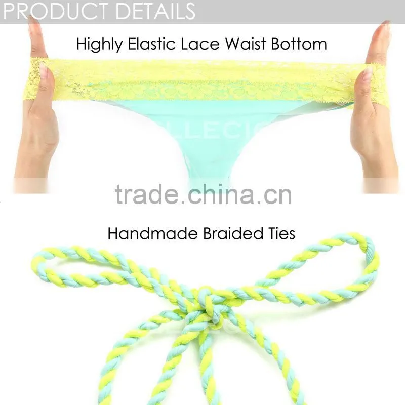 RELLECIGA 2016 Lace Collection -Mint Green + Yellow Floral Lace Bikini Swimsuit with Triangle Top and Brazilian Cut Scrunch Butt