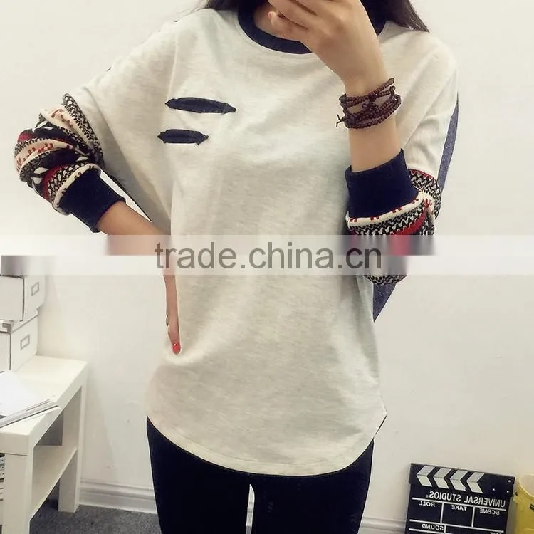 2016 Korea Fashion New Women's Long Sleeve tShirt Loose Patchwork Cotton Tops Lady Casual Blouse