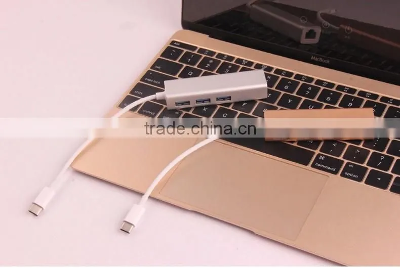 Silver casing USB 3.1 USB-C to 3-Port USB 3.0 Hub with Ethernet Adapter