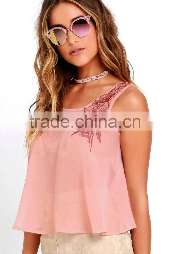 Latest arrival fashion top designs sleeveless embroidered top for women