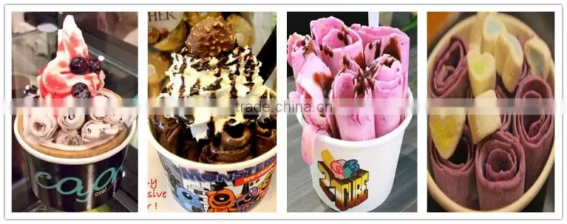 Round pan fried ice cream making machine with 6 pre-cooling topping tanks