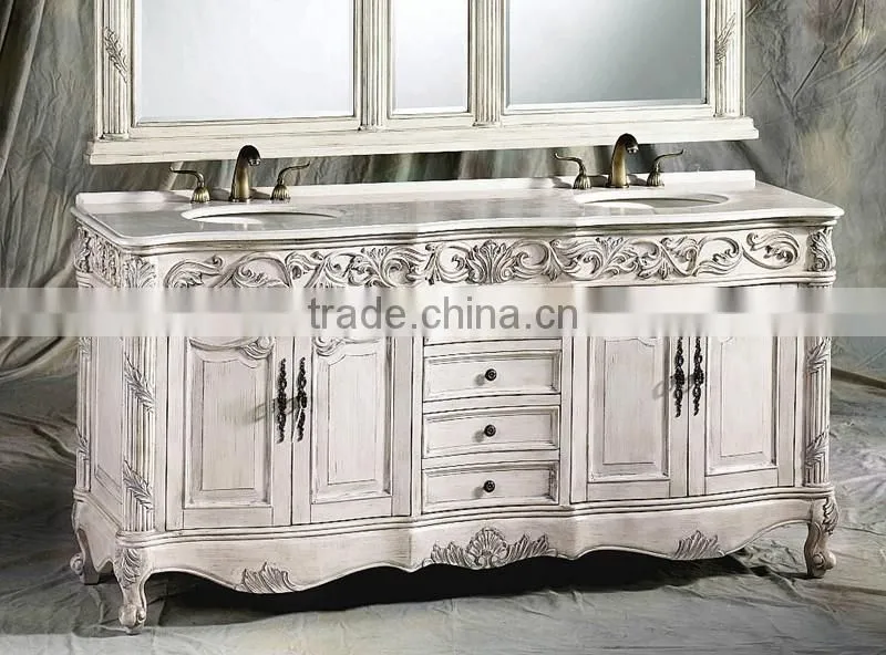 Exquisite Wood Carved Bathroom Vanity Table With Mirror, Retro Wooden Bathroom Vanity Cabinet With Sink