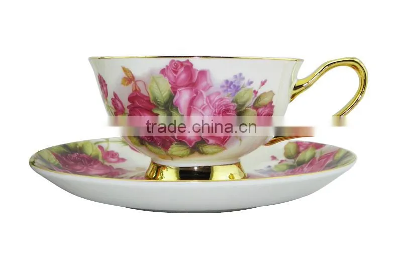 High Quality 200ml Bone China European Style Flower Pattern Coffee Mug with Saucer Set for Valentines Gift
