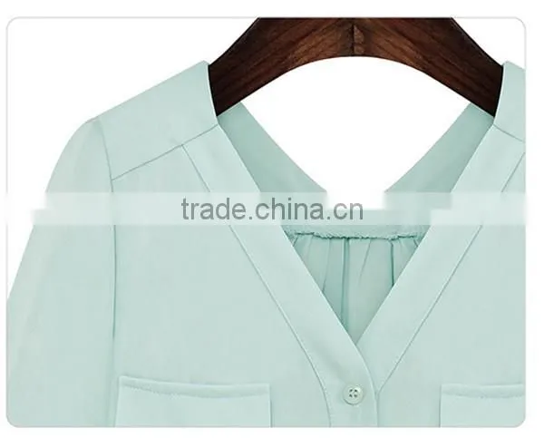 New design 2 colors choice V neck short sleeve Plus size women chiffon fabric shirt