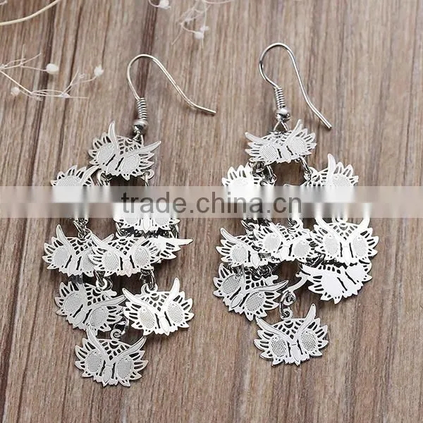 New Fashion Copper Filigree Stamping Earrings Ear Wire Hooks Halloween Owl Silver Tone Hollow 70mm
