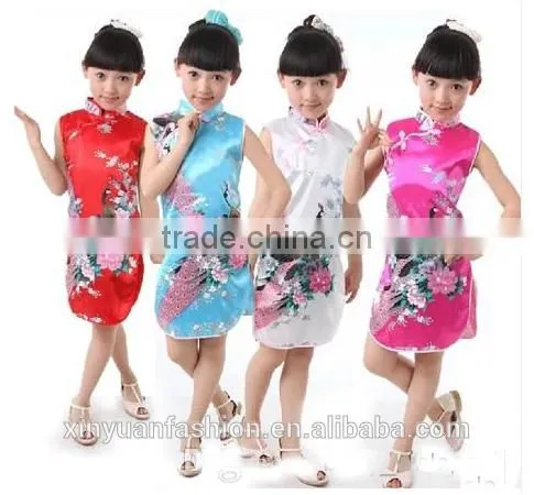 children girl dress beautiful girl Elegant Peacock Printing and Short Sleeve Dress