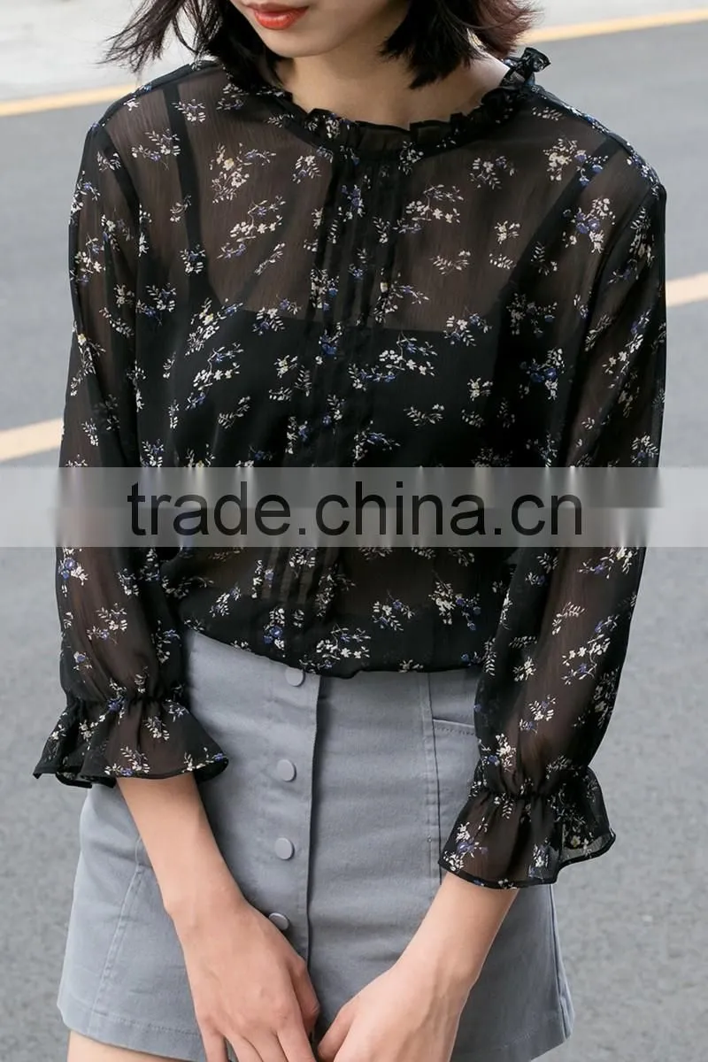 2017 Fashion Womens Puff Sleeve Chiffon Printed Blouse Designs Ladies Fashion Elegant Shirts Blouse