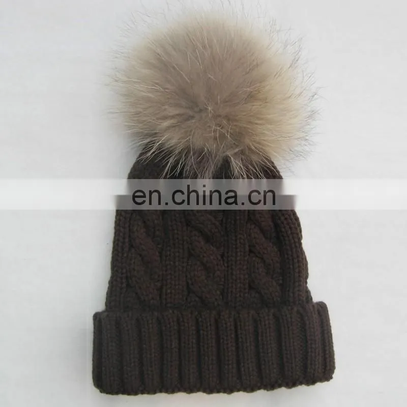 Fashion knit cable hats with big natural raccoon fur pom poms