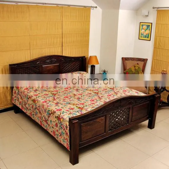 Bird Print Kantha Quilt Beige Bird of Paradise Kantha Bedcover