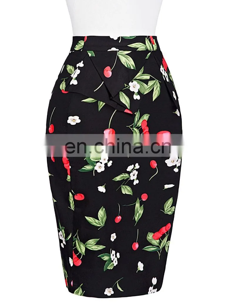 Grace Karin Occident Sexy Women Hips Wrapped Short Vintage Retro Dress Cotton Cherry Printed Skirt CL008928-4