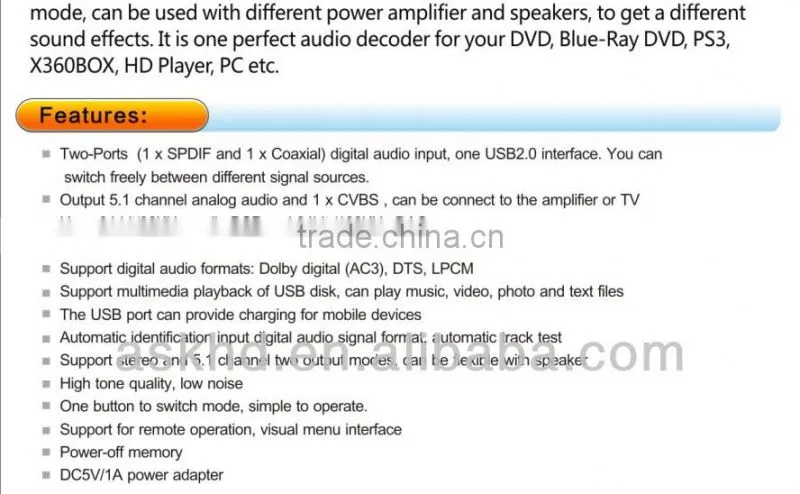 Digital Audio to Analog 5.1ch AC3 DTS audio decoder