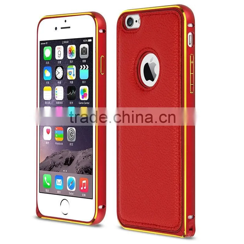 leather cheap mobile phone case for iphone 6 plus aluminum metal bumper with leather flip phone case