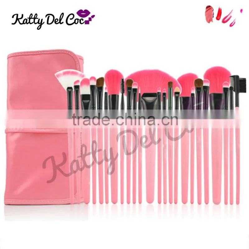 Best quality Pink 24pcs natural hair Pony professional makeup brush set with PU bag