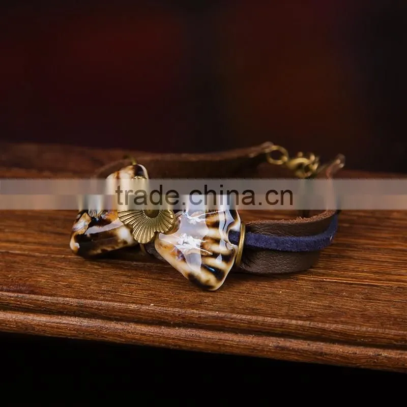 Jingdezhen made handmade leather bracelet ceramic beads bracelet for sales