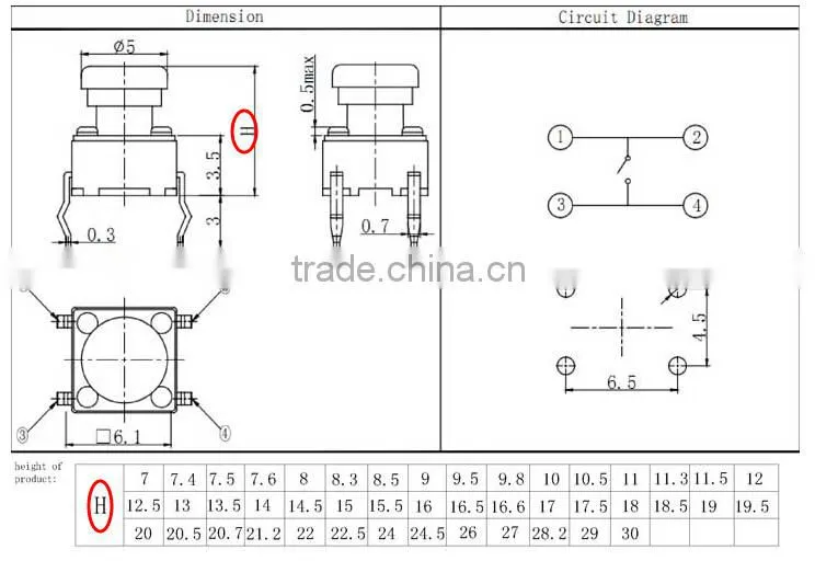 TSA06131-0040 Tact Switch with various color cap