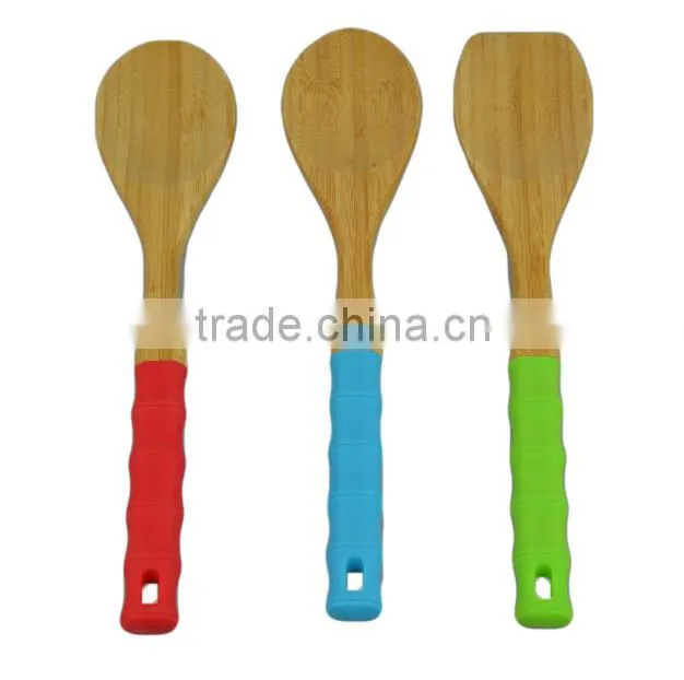 3 Piece Color Silicon Handle Bamboo Wood Kitchen Utensil Food Turner Set