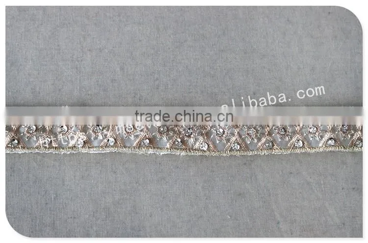 Elegant design 2.5cm width champagne crystal trim bridal embrodiery