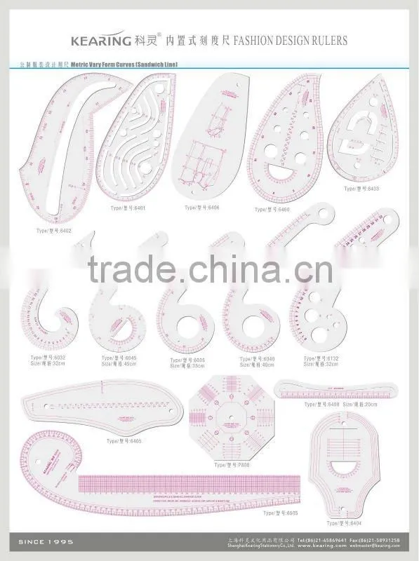 Kearing high quality plastic scale rulers with goniometer 1:3 &1:5 sanwich line ruler for fashion design#8535