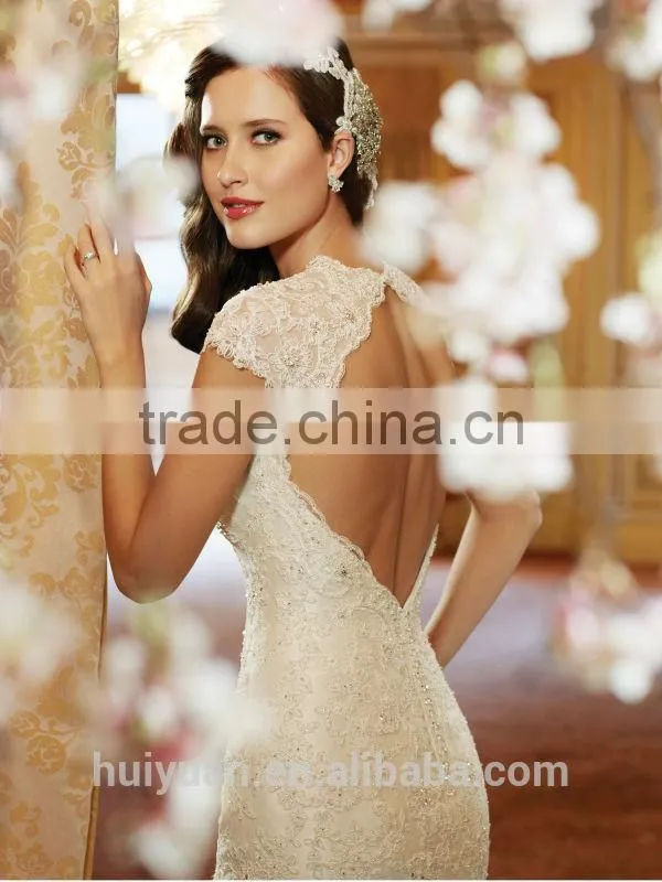 champagne color satin lace cap sleeve mermaid deep backless wedding dress