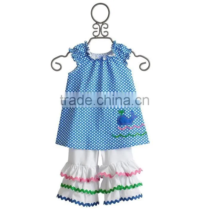 Boutique 100% Cotton Blue Dolphin Kids Clothes Giggle Moon Top and Ruffled Pants Outfits For Kids