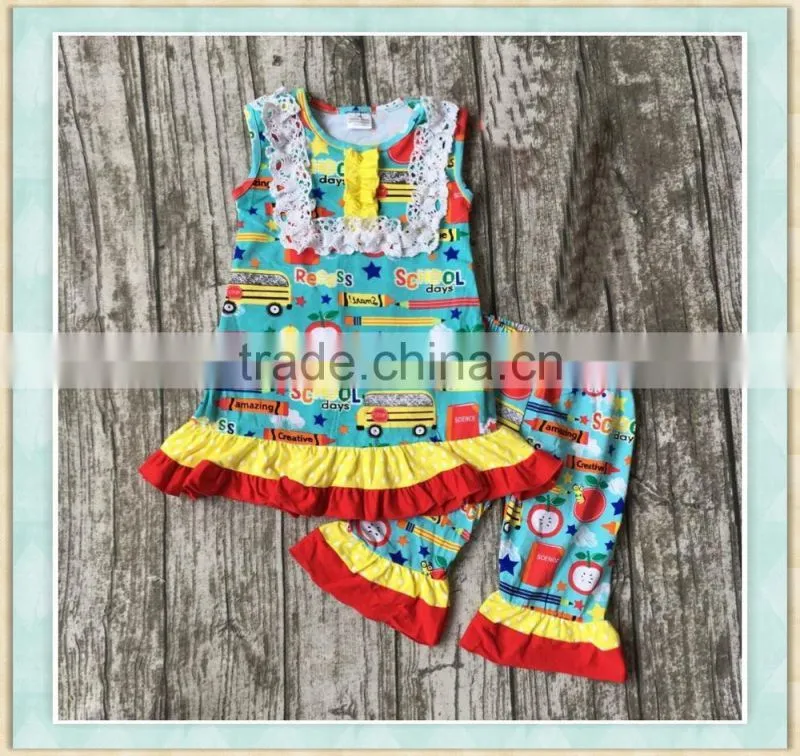 2017 popular series baby girl sleeveless back to school o-neck with lace fioral print ruffle clothes outfits pictures