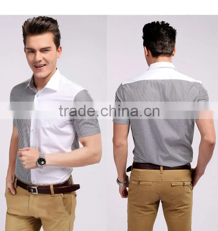 Wholesale cotton short sleeve stripe &solid color grey&white casual men shirts