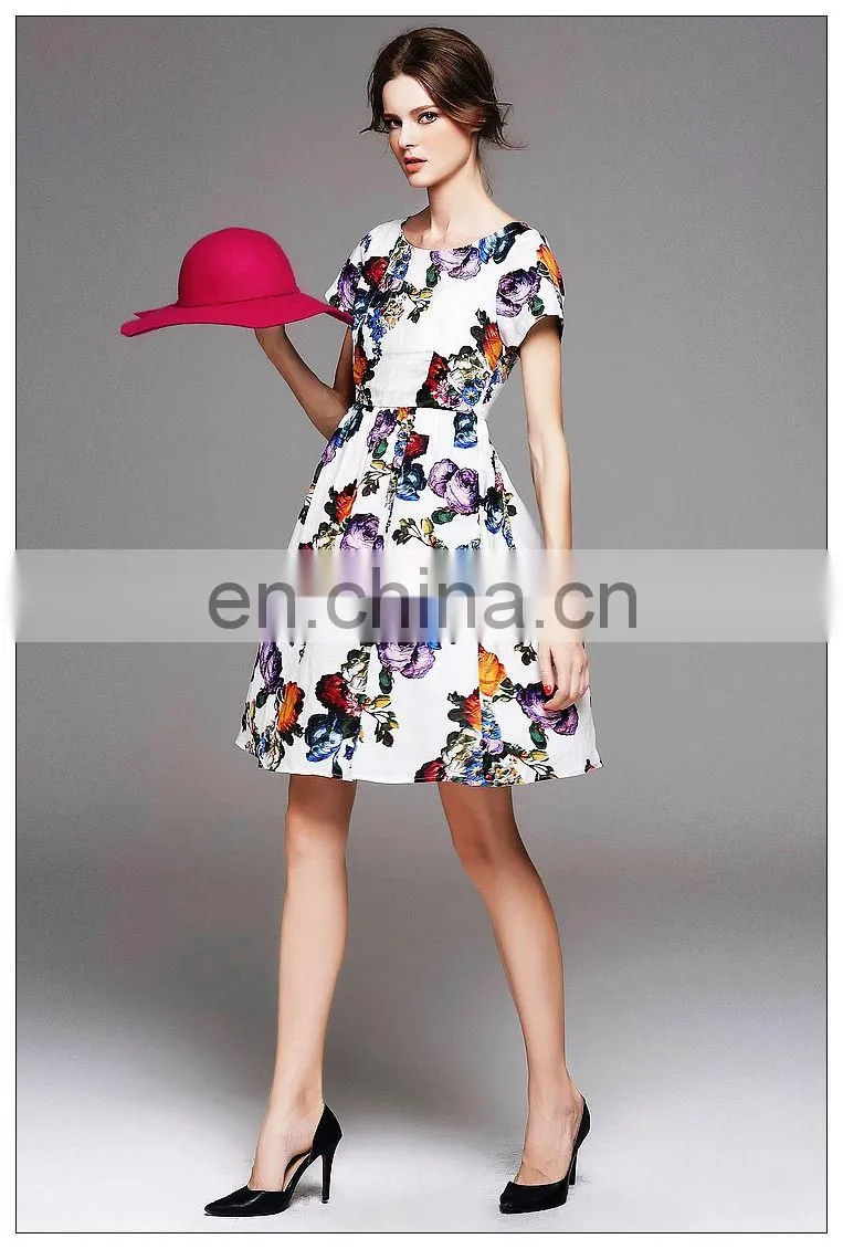 Ladies high quality short sleeve trendy dress with gathtering waist pretty print dress fashion