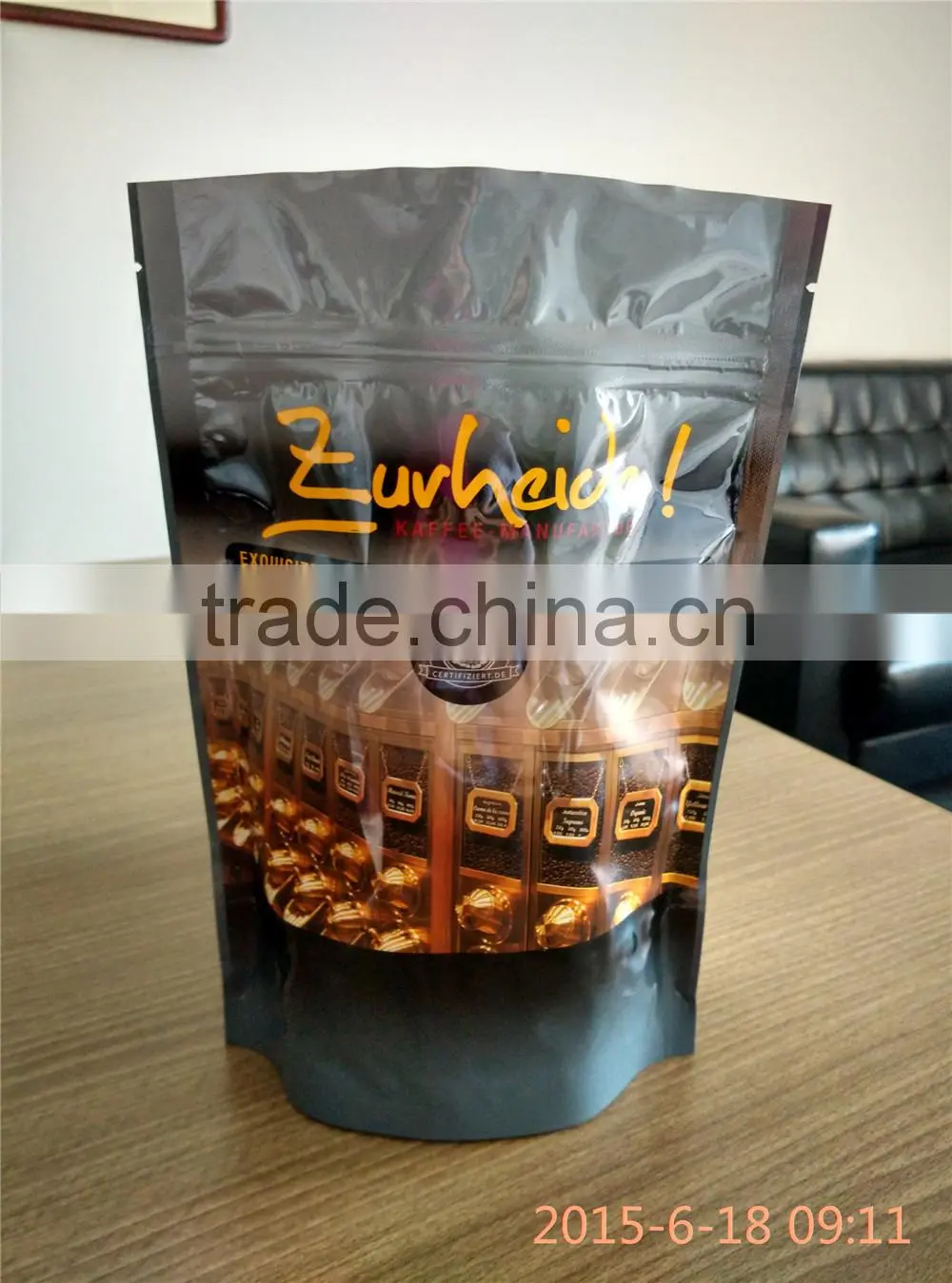 laminated plastic custom printed metalized stand up coffee pouch with zipper
