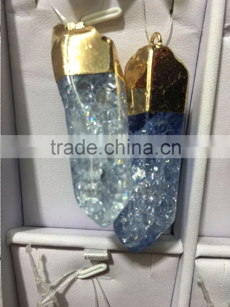 2016 Gold Covering Crack Crystal Pendant Necklace Aquamarine Citrine Rose Quartz Clear Green Natural Crystal Necklace For Women